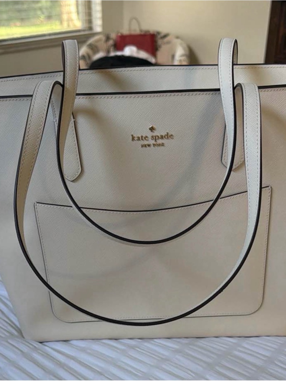 kate spade cream leather tote with black trim